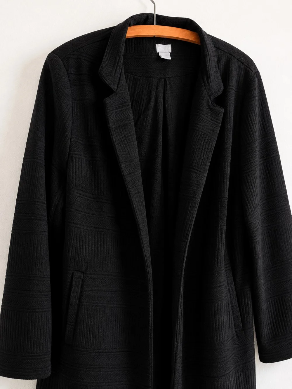 Chico’s Size 3 US 12/14 Black Textured Long Blazer Jacket Open Front Career